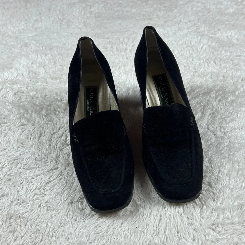 Cole‎ Haan black suede chunky heel loafers, size 6